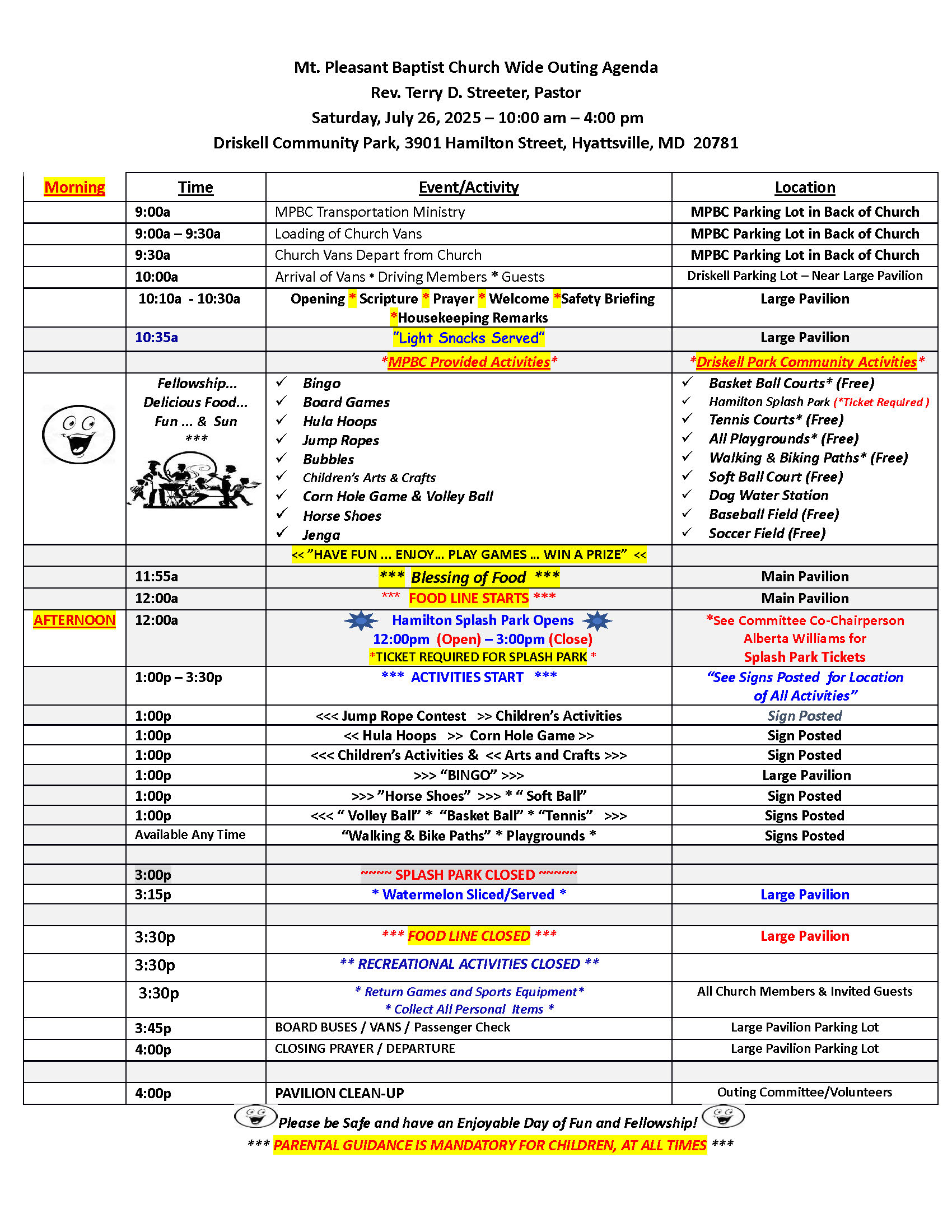 MPBC Church-Wide Outing July 2025 Agenda page 1
